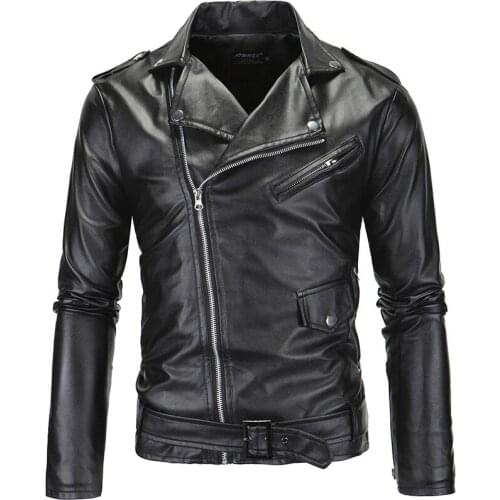 Spring Fashion Motorcycle Leather Jacket Men Slim Fit Oblique Zipper PU Jacket Autumn Men Leather Jackets Coats Black White