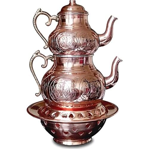 Handmade Copper Teapot with Ottomen Heater, Authentic Style Grapes Pattern, Samovar , Kettle , 3 Pieces
