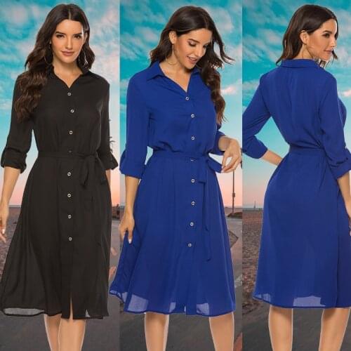 Fashion Turn-down Collar Party Blouse Dress Women Solid Three Quarter Sleeve Spring Summer Dress Plus Size Casual Vestidos Robe