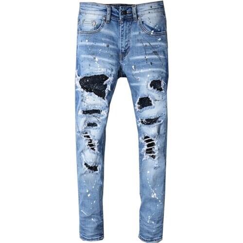 2021 New High Street Fashion Blue Color Slim Fit Destroyed Ripped Jeans Men Broken Pants Paint Designer Patchwork Hip Hop Jeans