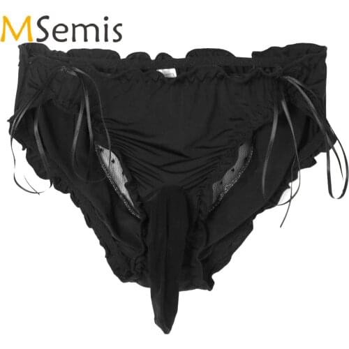 Mens Lingerie Sissy Panties See-through Bulge Pouch Ruffles Briefs Bowknot Decor Panties Mesh Heart Shaped Back Sexy Underpants