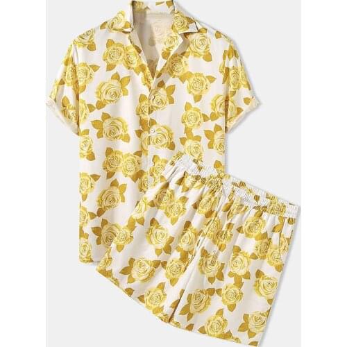 Mens Beach Set Fashion Hawaiian Printed Summer Button Short Sleeve Shirt Shorts Casual Streetwear 2 Piece Set