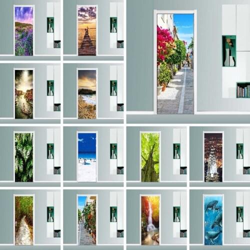 Door Stickers Landscape Green Plants Whole Door Self-adhesive Renovation Stickers Fake Door Sliding Wardrobe Stickers Waterproof