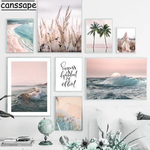 Nordic Wall Art Print Sea Beach Poster Reed Painting Palm Tree Posters Sunset Prints Landscape Wall Paintings Home Decoration