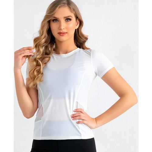 2021 New Sports T-shirt Top Feminine Fashion Net Yarn Quick-drying Fitness Running Short-sleeved Yoga Wear