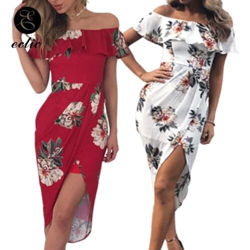 Off Shoulder Floral Midi Thigh Slit Dress Boat Neck Sukienka Dip Hem Dress Women Elegant Party Cascading Ruffle Strapless Dress