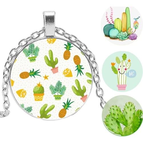 Cute Cartoon Cactus Necklace for Men Women Green Plants Glass Art Picture Charm Chain Necklaces Jewelry