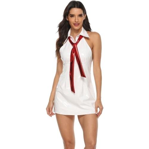 Sleeveless Lapel Sexy Dress PU Leather Backless Womens Erotic Clothing Nightclub Pole Dance Club Costumes Plus Size