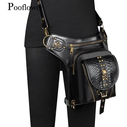 Pooflower Punk Moto Belt Leg Bags Women Men Gothic PU Leather Waist Bags Running Bum Bags Crossbody Bag Fanny Bag heuptas ZH150