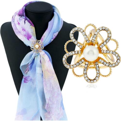 Popular Imitation Pearls Korean Silk Scarf Buckle Rhinestone Metal Flower Three-ring Scarf Buckle