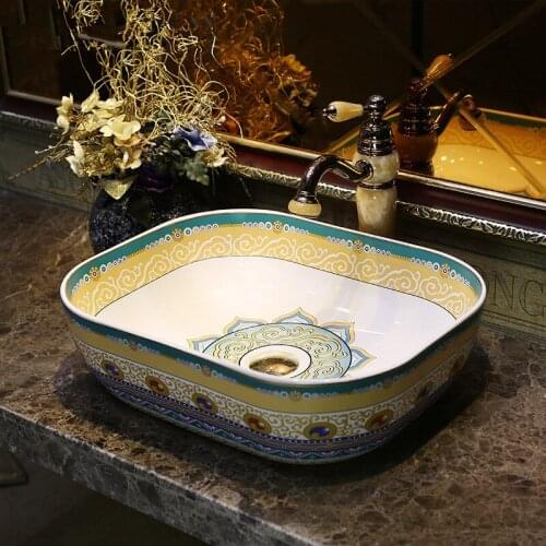 Rectangular Bathroom Ceramic Counter Top Wash Basin Cloakroom Hand Painted Vessel Sink bathroom sinks shampoo bowl sink