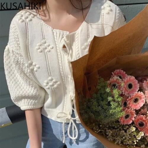KUSAHIKI Spring Sweet Lace Up Sweater Cardigan Causal Puff Sleeve O-neck Knitted Coat 2021 New Short Knitwear Outwear Tops 6G141