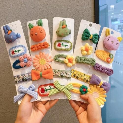 5 Pcs/Set Children Cute Cartoon Knitt Flower Fruit Bow Ornament Hair Clips Girls Lovely Barrettes Hairpins Kids Hair Accessories