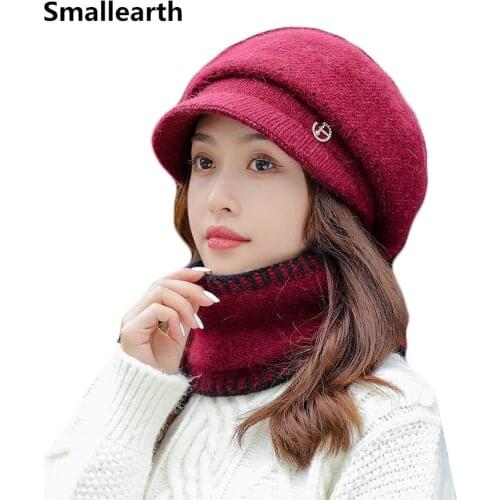 Women Warm Beanies Hat Girl Winter Warm Outdoor Cycling Ski Rabbit Fur Thick knitted Cap Scarf 2Pcs Female Winter Hat Scarf Set
