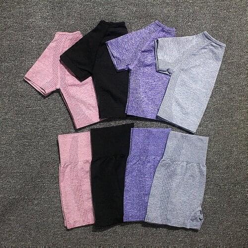 Women Seamless Yoga Set Crop Top Short Sleeve Shirt Fitness Shorts Workout Clothes For Women Gym Clothing Yoga Sport Set