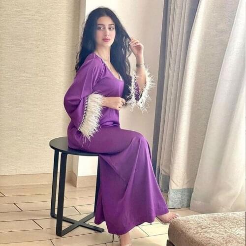 Summer 2021 Muslim Eid Satin Maxi Dress for Women Purple Fashion Feather Lace V Neck Long Sleeve Arabic Turkish Clothes