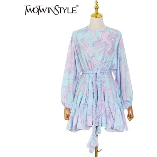 TWOTWINSTYLE Print Dress For Women O Neck Lantern Long Sleeve High Waist Bandage Hit Color Bohemian Dresses Female 2021 Clothing