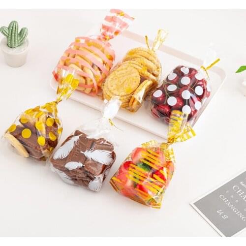 50PCS Candy Bags Stripe Wire Ties Plastic Gifts Dots Transparent Packaging Pouches Birthday Wedding Party Cookies Sweets 13x21CM