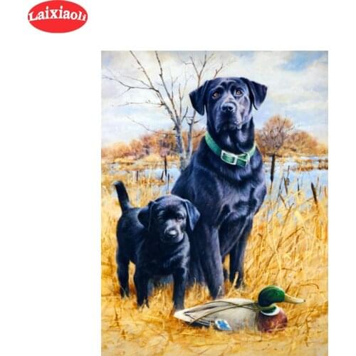 5D round Diamond Embroidery Modern animal art, two dogs and duck Diamond Painting Full Square Mosaic Cross Stitch Handmade Gift