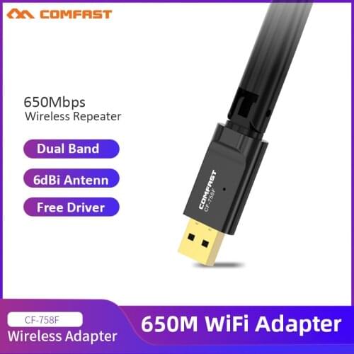 CF-758F Network Card Free Driver 650Mbps Dual Band 2.4G&5.8G 802.11 a/b/n/g/ac Wifi USB Adapter 2*6dBi Antennas Wifi Extender