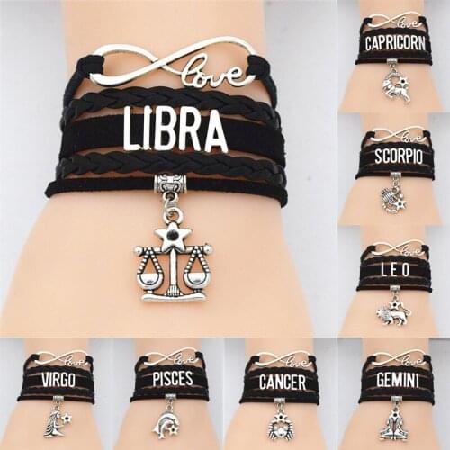 12 Constellation Zodiac Sign Black Braided Leather Bracelet Cancer Leo Virgo Libra Woven Jewelry Punk Men Pendant Bracelet Gift