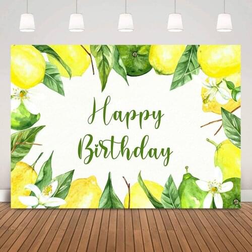 Fruit Lemon Themed Happy Birthday Backdrop Summer Lemon Wild Green Leaves Photo Background Birthday Cake Table Decoration Props