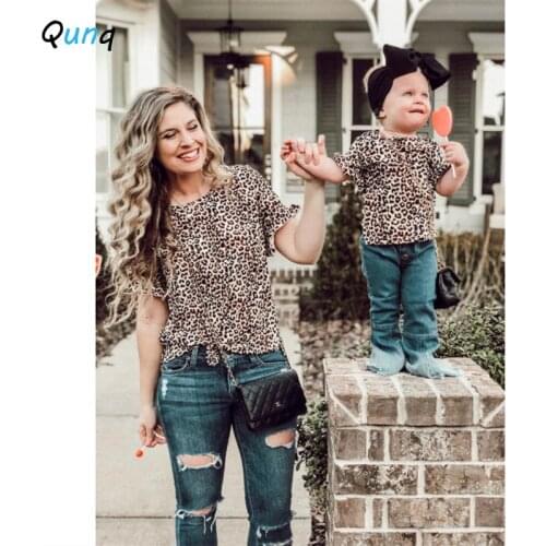 Qunq Mother Daughter T-shirt Fashion Leopard Print Chiffon Tops Clothes for Mommy and Me Summer Women Kids Children Tees Shirts