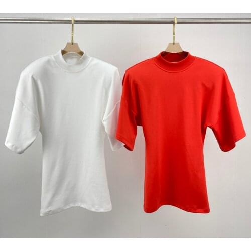 Summer High 2021SS Quality Women Shoulder Padded Cotton Short Sleeve Tee Female Casual T-Shirt Tops 2 Color Rmsx 6.26