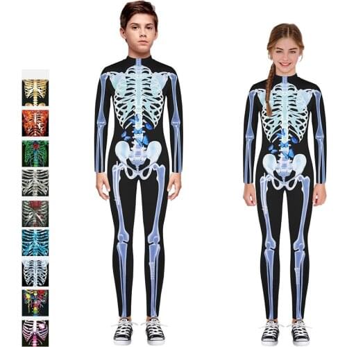 Boys Girls Halloween Costumes Kids Party Shows Jumpsuits Outfit Skeleton Printed Bodysuits Fitness Tight Romper for Children