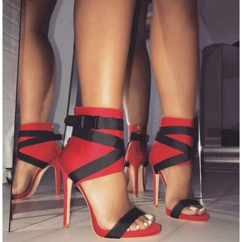 Red Thin High Heel Sandals Mixed Color With Black Straps Buckle Designer Women Summer Sandals Show Shoes