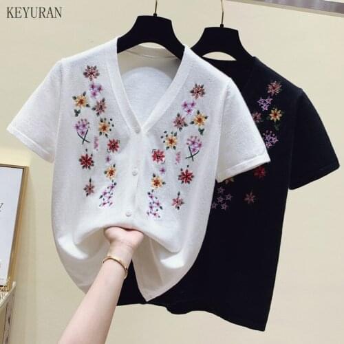 Summer Plus Size T Shirts Woman V-neck Floral Embroidery Thin Knitted Cardigan Top Womens Embroidered T-Shirt Crop Mujer