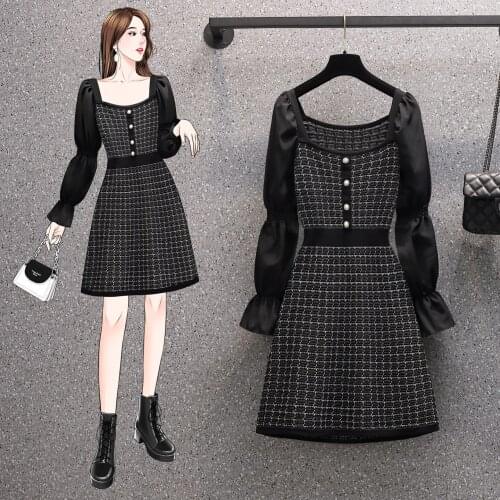 Fashion Plus Size Autumn Dress Vintage Women Sqaure Collar Patchwork Plaid Knitted Puff Sleeve Bright Silk A Line Dresses S-5XL