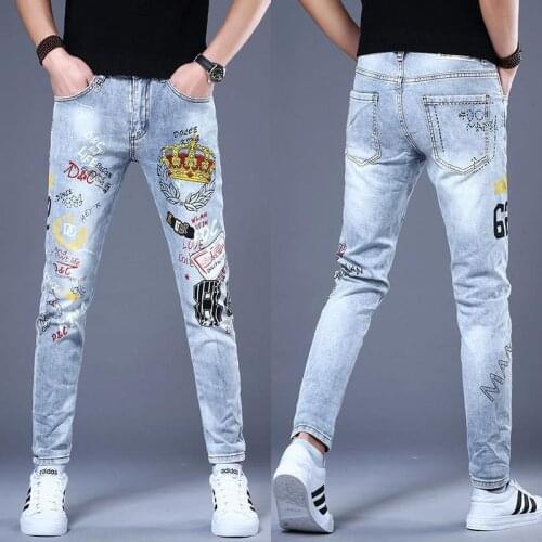 Men’s high quality printed jeans slimming street fashion light blue jeans low stretch denim pants men casual pants jeans