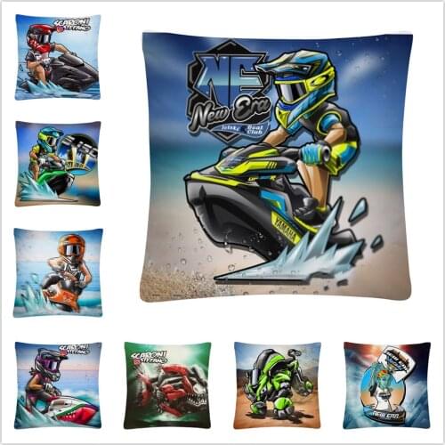 Water Sports Motorcycle Cartoon Pattern Soft Short Plush Cushion Cover Pillowcase Home Sofa Car Decoration Pillowcase45X45 Cm