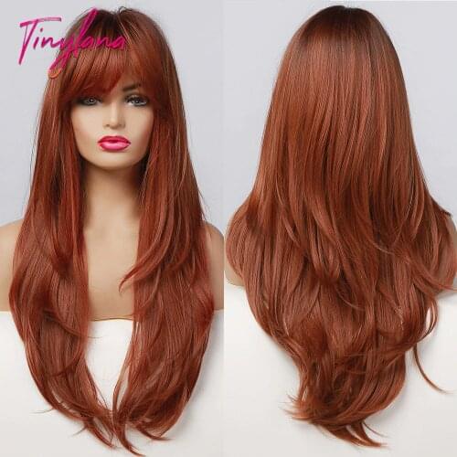 TINY LANA Ombre Black to Red Brown Synthetic Wigs with Bangs Long Natural Wave Heat Resistant Fiber Cosplay Wigs for Black Women