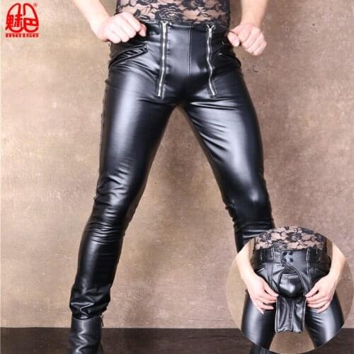 Sexy Men Plus Size Open Crotch Pencil Pants PU Faux Leather Punk Pants Elastic Tight Trousers Erotic Lingerie Club Gay Wear F13