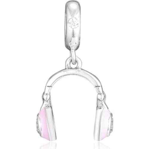 Fits Europe Bracelets beads Pink Headphones Hanging Charm 925 Sterling Silver Bangle Beads DIY Making Fine Jewelry