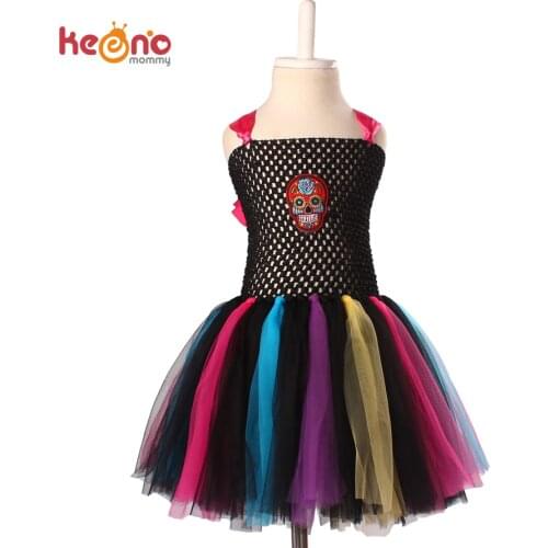 Keenomommy Rainbow Skull Tutu Dress Girls Fancy Halloween Purim Costume Handmade Kids Tulle Dress TS119