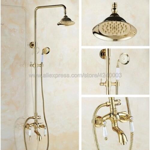 Luxury Gold Color Brass Bathroom Shower Faucet Double Handle Swivel Spout Tub Mixer Tap with Hand Shower Wall Mounted Kgf437