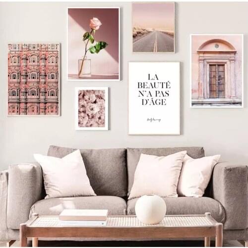Nordic Classic Pink Peony Architectural Combination Decoration Poster Wall Painting And Mural On Canvas Home Decoration