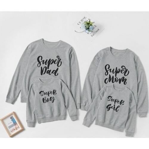 Super Dad Mom Boy Girl Letter Printed Family Matching Hoodies Clothes Outfits Grey Sport Sweatshirts For Mother Daughter Son