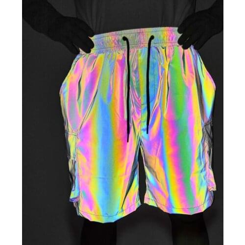 Spring Summer New Drawstring Elastic Waist Men Shorts Oversize Colorful Reflective Overalls Shorts Hip-hop Lace-up Casual Pants