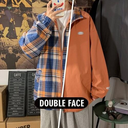 2021 Autumn Male All-match Double Face Windbreaker Unisex Korean Fashions Coats Harajuku Hip Hop Preppy Style Plaid Jacket Mens