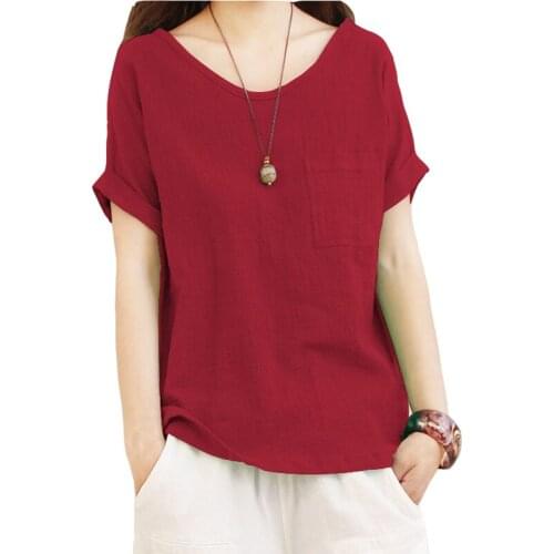 2020 Summer New Loose Casual Literary Short Sleeve Ladies T-shirt Cotton Pure Color Harajuku Linen Crew Neck Female Tees Tops