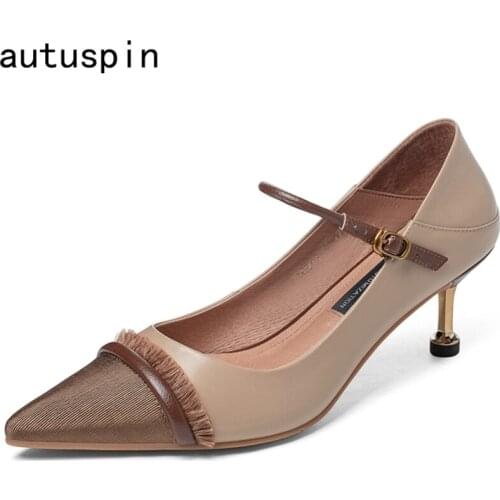 Autuspin 2021 Retro High Heels for Women Genuine Leather Shallow Shoes Spring Summer Female Office Lady Party Prom Dress Pumps