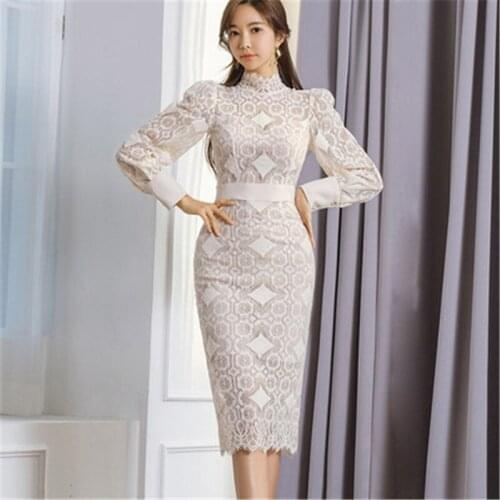 Summer Autumn Fashion Lace Dress 2020 Elegant Office lady Long Sleeve Geometric patterns Hollow out Bodycon Slim Lace Dress