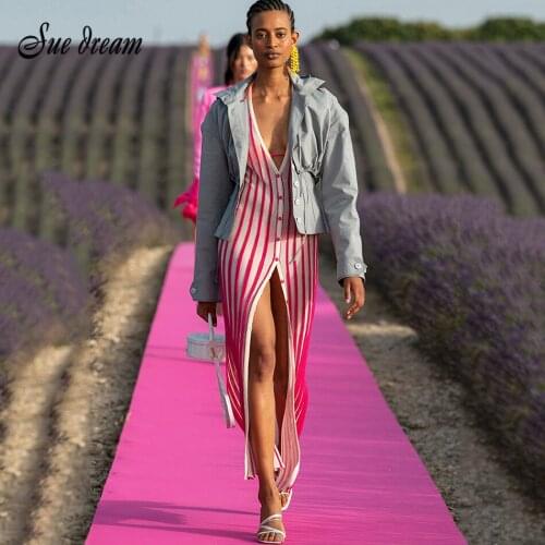 2020 Summer New WomenS High-Quality Sexy V-Neck Button Pink Striped Split Sweater Dress Elegant Club Party Dress Vestidos