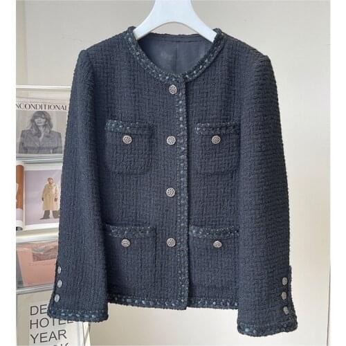 Spring Autumn Womens O-neck Tweed coat High Quality elegant Black jackets C921