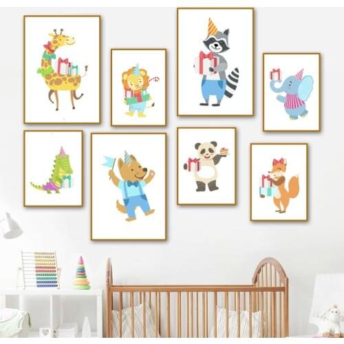 Giraffe lion Raccoon Elephant Bear Nursery Wall Art Canvas Painting Nordic Posters And Prints Wall Pictures Baby Kids Room Decor