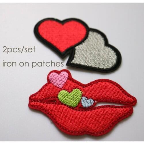 2pcs/set small heart mouth embroidery Patches for clothing DIY colorful iron on parches applique for clothes